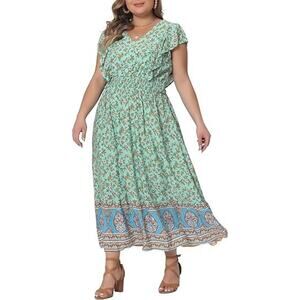 Agnes Orinda Dress Plus Size 1X Green Floral Maxi Bohohemian Ruffle Cottagecore
